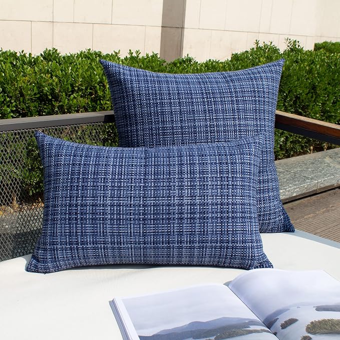 Kevin Textile Outdoor Waterproof 20x20 Inch Pillow Covers 2 Pack, Navy Blue | Water Resistant, Faux Linen Yarn-dyed, Woven Texture Throw Pillow Covers for Tent Patio Garden Couch Sofa