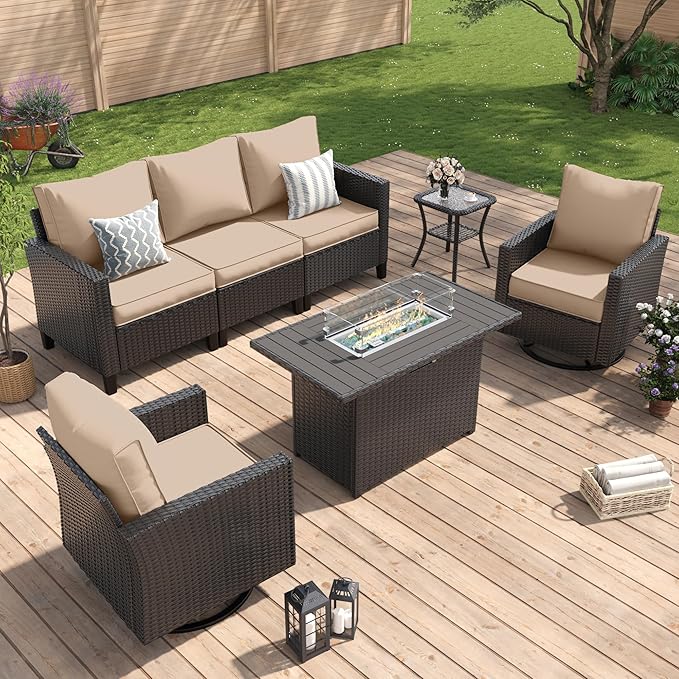 Amopatio Patio Furniture Set, 5-Piece Wicker Outdoor Sectional Sofa with Swivel Rocker Chairs, Rattan Conversation Set with Fire Pit Table and Waterproof Cover for Backyard Black/Khak
