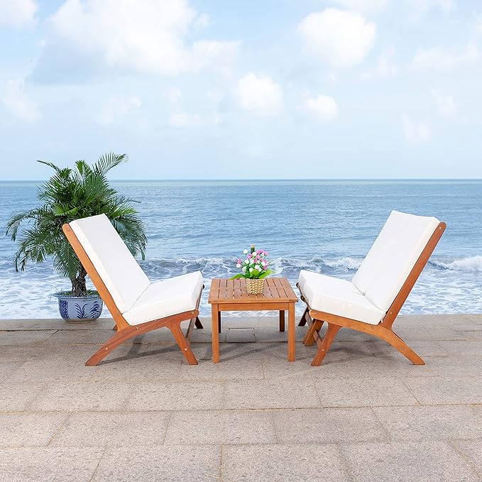 SAFAVIEH Outdoor Collection Chaston Natural Wood/Beige Cushion 4-Piece Conversation Patio Set