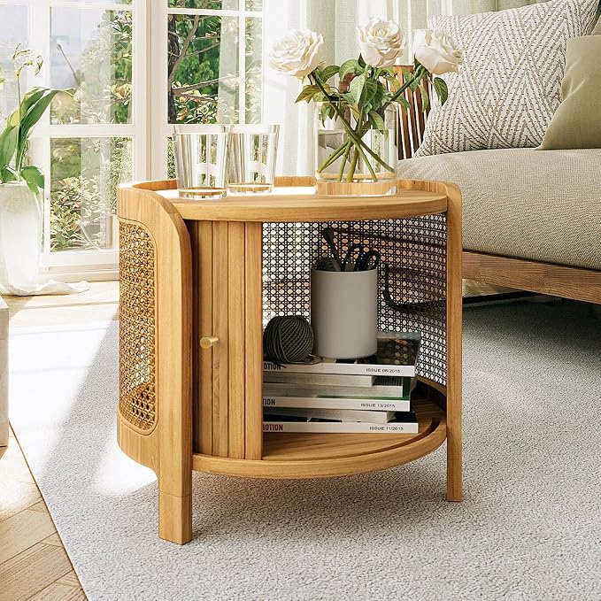 Merax Small Round Rotating Coffee Table with Hidden Storage, 19.8 Inch Modern Indoor/Outdoor Natural Rattan Coffee Table with Wood Fluted Sliding Door, for Patio Garden Balcony or Living Room