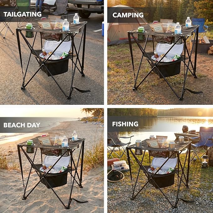 OVENTE Collapsible Folding Camping Table with Insulated Cooler, 4 Cup Holders, Food Basket and Travel Bag, Portable Tailgating Table for Fishing, Outdoor Barbecue or Beach Parties, Black POTC0014B