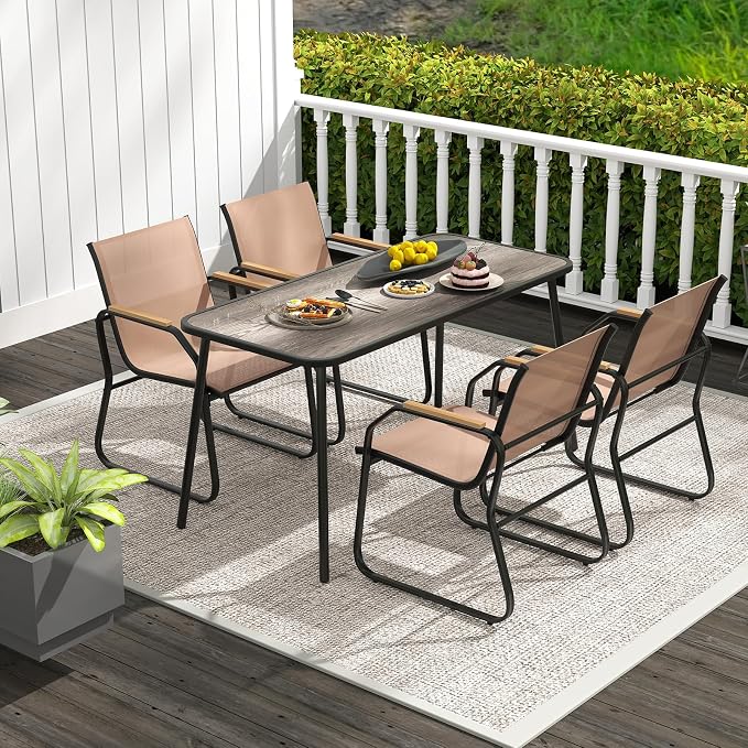 Tangkula 5 Pieces Patio Dining Sets, Outdoor Rectangular Dining Table & 4 Fabric Chairs with Wood-Like Armrests & Metal Frame, Patio Furniture Set for Garden Yard Porch Deck Poolside (Brown)