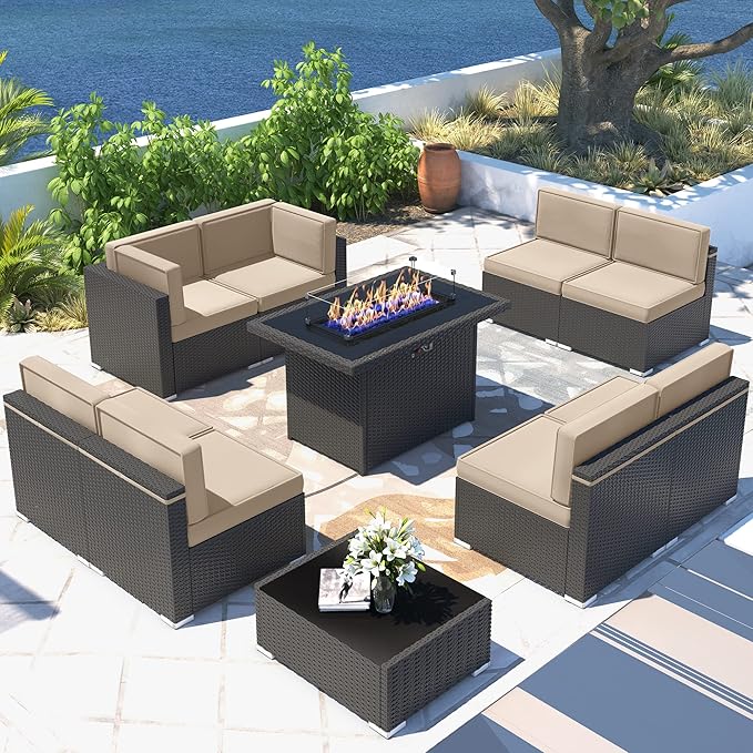 10 Pieces Patio Furniture Set with 44" Propane Gas Fire Pit Table, Outdoor Sectional Wicker Conversation Sofa Sets with Coffee Table