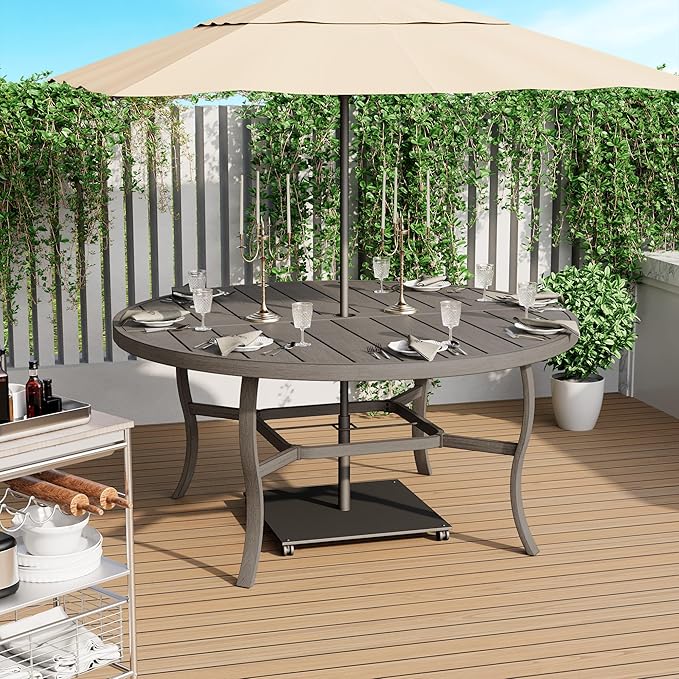 HAPPATIO Round Outdoor Dining Table, 61-inch Aluminum Patio Table with Umbrella Hole, All-Weather Aluminum Frame for Deck Lawn Garden Backyard Balcony Deck