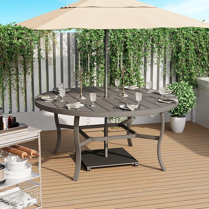HAPPATIO Patio Dining Set, Aluminum Round Outdoor Dining Set for 8, 61" Round Table with Umbrella Hole and 8 Chairs, Outdoor Table and Chairs with Removable Cushion for Lawn Yard