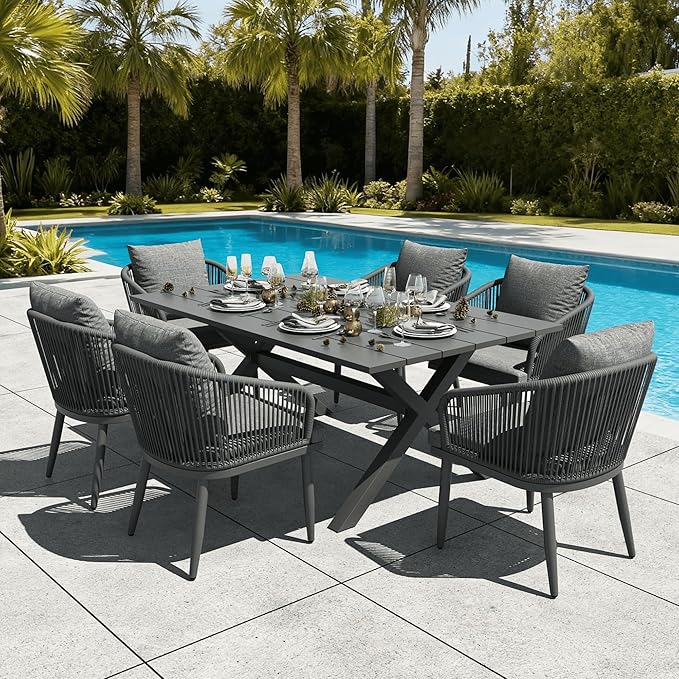 LayinSun 7 Pieces Outdoor Patio Dining Set, Aluminium Rectangular Dining Table and Wicker Rattan Chairs Set for Outside Backyard, Poolside