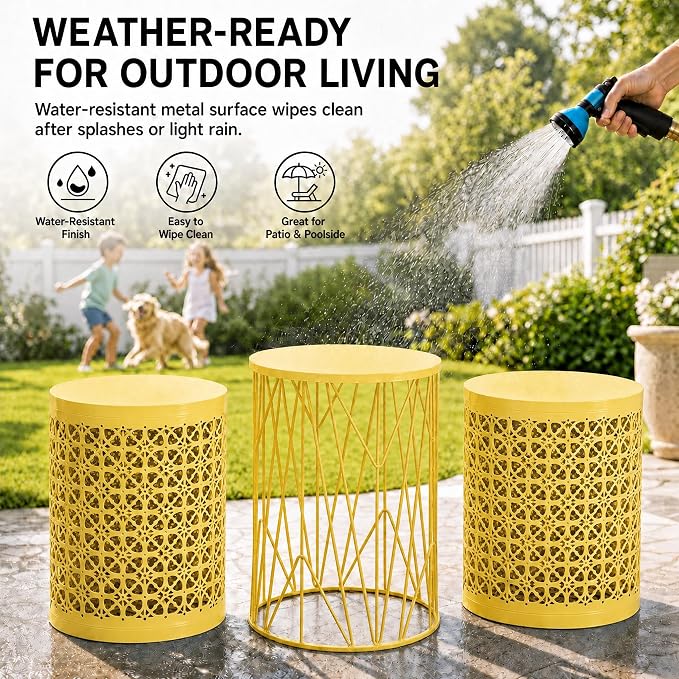 Y&M Outdoor Side Tables, Set of 3 Metal Stacking Patio Side Tables for Outside, Round Indoor End Tables, Coffee Accent Poolside Tables for Patio Garden Balcony, Yellow