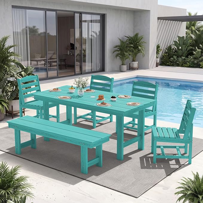 KINGYES 6-Piece Patio Dining Set, HDPE Table, Bench and Armless Chairs Outdoor Furniture Set with Umbrella Hole, Aruba