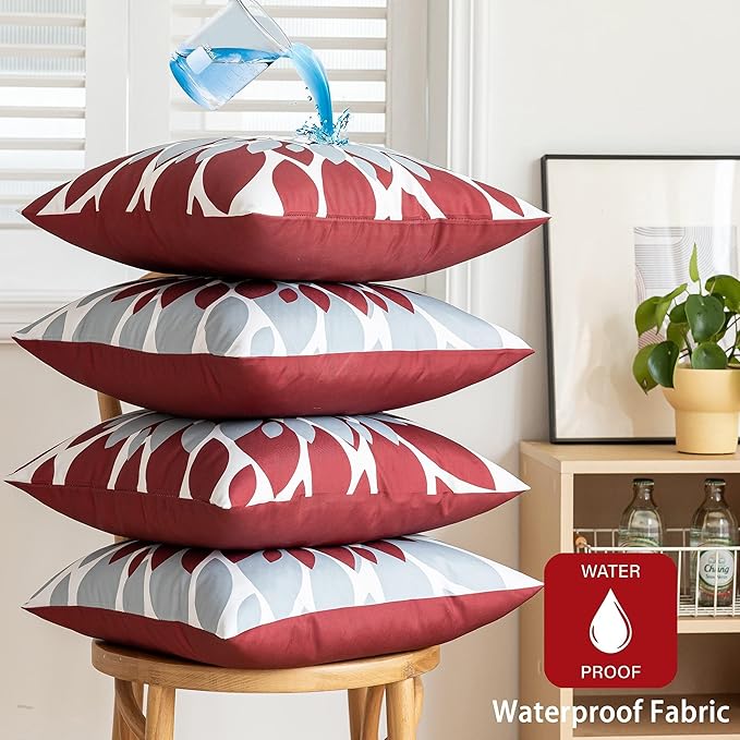 Qahing Pack of 4 Outdoor Waterproof Pillow Covers 18x18 Decorative Outdoor Throw Pillows Garden Square Cushion Cases for Patio Furniture, Couch, Tent Sunbrella, Bench, Burgundy Red Grey