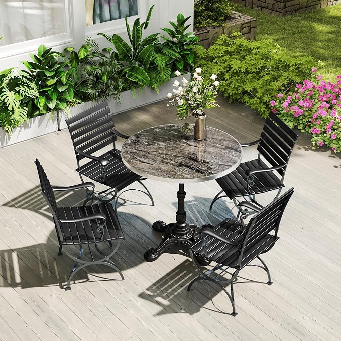 SSLine 31.5" Sintered Stone Dining Table, Marble Top Bistro Table with Heavy-Duty Cast Iron Base, Waterproof Tulip Table for 2-4 Person,Indoor/Outdoor Use for Patio,Cafe,Restaurant (Round-Brown)