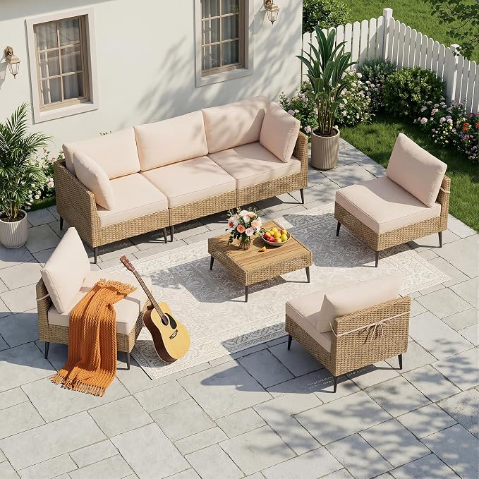 Outdoor Patio Furniture Sets,7 Pieces Outdoor Sectional Sofa PE Rattan Patio Conversation Sets with Composite Wood Coffee Table Resistant Thick Cushions Outdoor Sectional Furniture (Khaki)