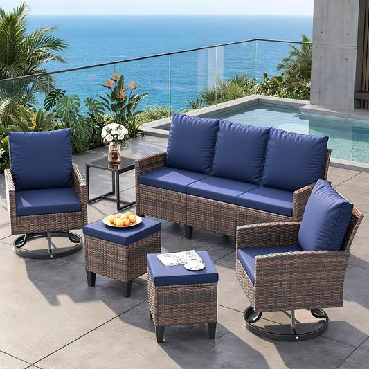 Amopatio Outdoor Patio Furniture Set, 6 Pieces Conversation Sofa with 360° Swivel Chairs, All Weather Wicker Outdoor Furniture for Backyard Garden Pool Deck,Blue