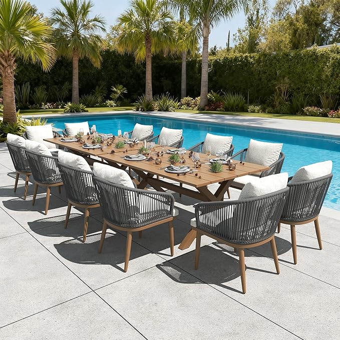LayinSun 14 Pieces Outdoor Patio Dining Set, Aluminium Rectangular Dining Table and Wicker Rattan Chairs Set for Outside Backyard, Poolside