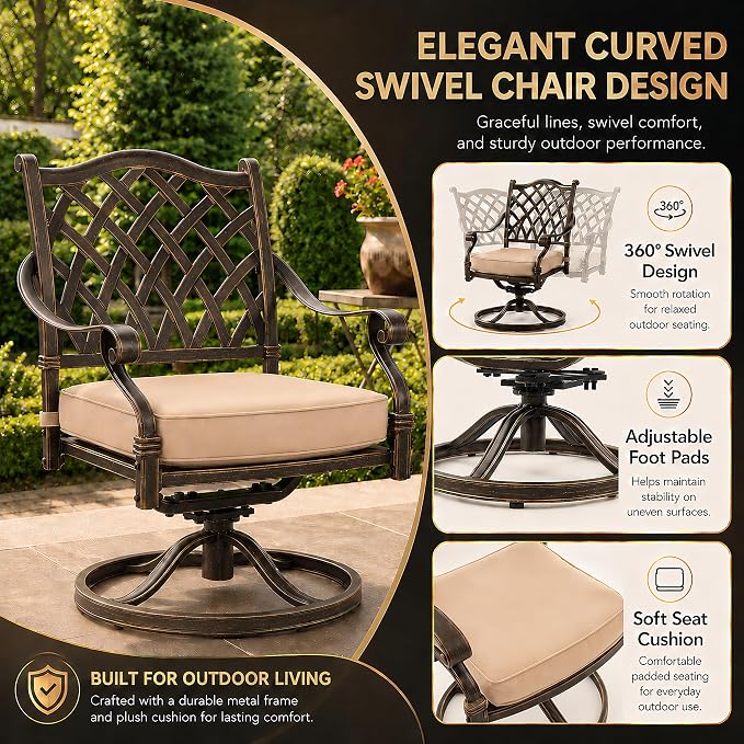 7 Piece Outdoor Dining Set Cast Aluminum, Retro Patio Dining Set for 6 Includes 59” Rectangular Table 6 Swivel Chairs with Thicker Cushions and Umbrella Hole for Patio Deck Garden