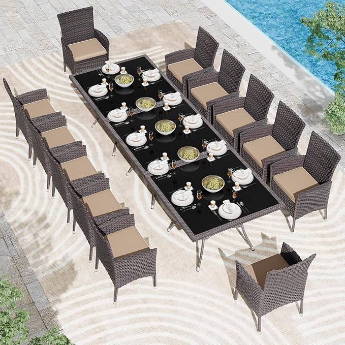 Kullavik 15 Pieces Outdoor Dining Set Patio Rattan Furniture Set,Patio Dining Table and Chairs Set with 12 Chairs and Cushions,Square Glass Tabletop with Umbrella Hole for Patio,Backyard,Sand