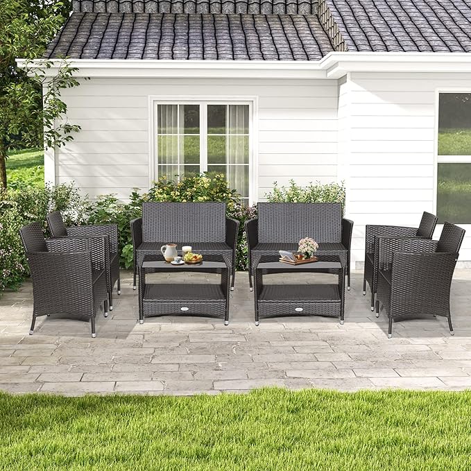 Tangkula 8 Pieces Patio Furniture Set, Patiojoy Outdoor PE Wicker Conversation Set with Soft Cushions and Tempered Glass Tabletop, Outdoor Garden Furniture Set with 2-Tier Coffee Table (2, Brown)