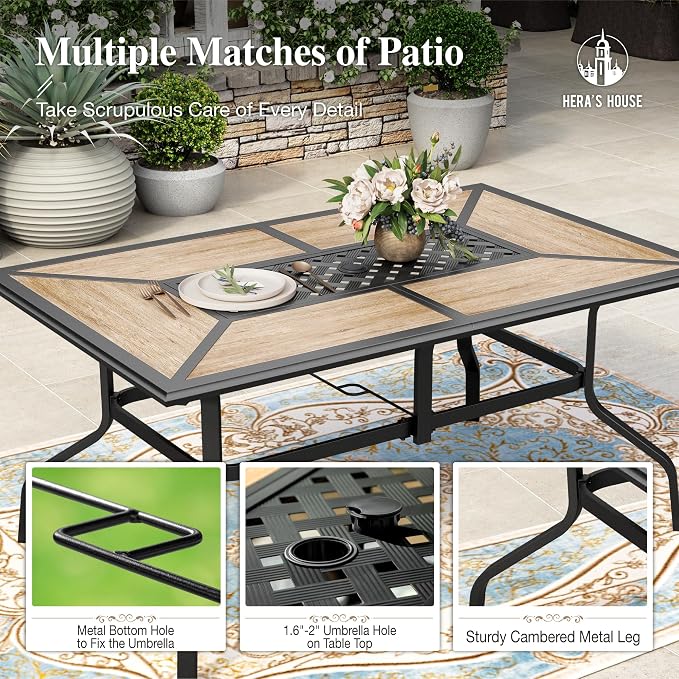 HERA'S HOUSE 7pc Patio Dining Set, Metal Table with PVC Top, Red Chairs | 61" rectangular table with umbrella hole, 6 textilene chairs. Waterproof, rust-resistant, all-weather for yard, porch