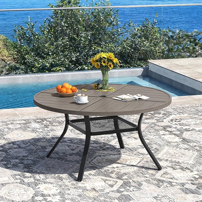 DIFY Patio Dining Set for 6, 7 Piece Outdoor Table and Chairs Set, 47.2" Grey Wood-Like Round Metal Patio Dining Table and 6 Grey Textilene Stackable Patio Chairs, for Backyard Garden Poolside