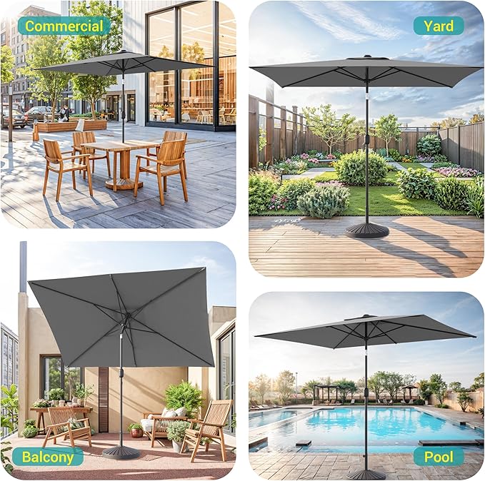Rectangle Patio Umbrella with Solar Lights, 10 x 6.5ft Rectangular Outdoor Umbrella Table Market Patio Umbrella with Push Button Tilt and Crank for Garden, Deck, Backyard, Pool