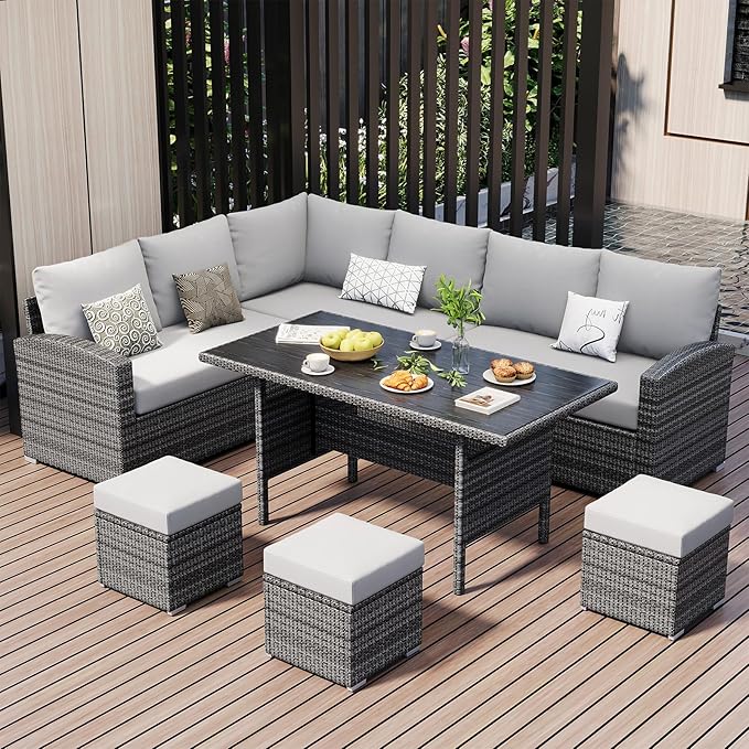 7 Piece Patio Furniture Set, Outdoor Modern Patio Conversation Set, PE Wicker with Glass Coffee Table for Backyard, Garden, Pool Decks, Light Grey