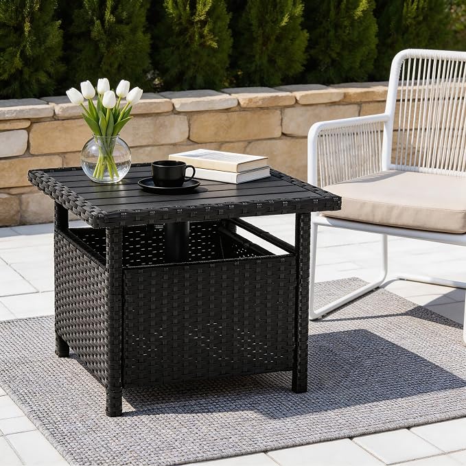 Sundale Outdoor Patio Umbrella Stand All Weather Wicker Rattan 22 in Umbrella Table Garden Furniture Deck Pool Table, Black