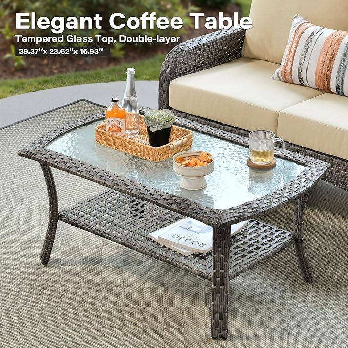 8 Pieces Patio Conversation Sets,Patio Furniture Set with Swivel Rocking Chairs,Coffee Table, Side Table, All Weather Rattan Wicker Outdoor Sectional Furniture Set for Porch Balcony Backyard Beige