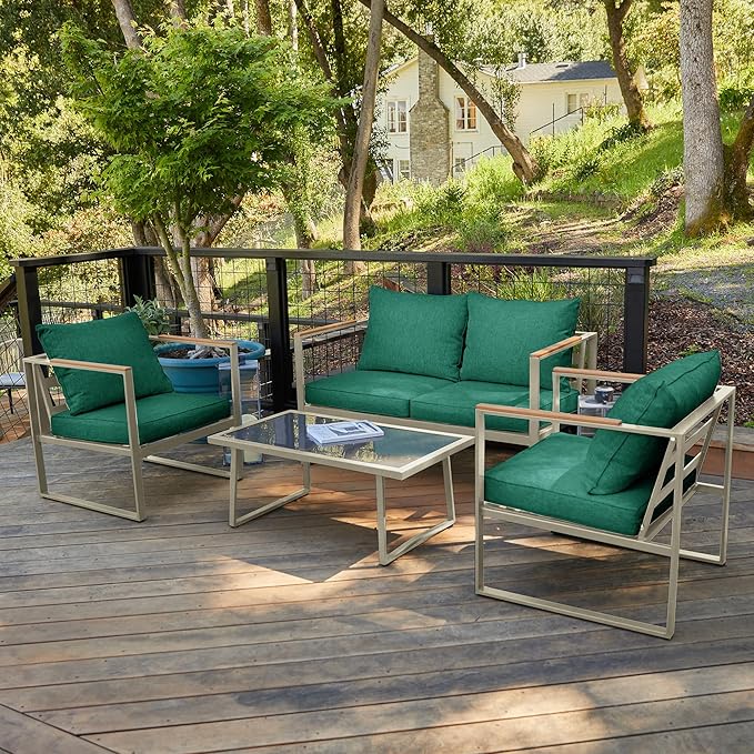 EAST OAK Patio Furniture Set, 4-Piece Outdoor Patio Set with Sofa, Tempered Glass Table, Removable & Washable Seating Cushion, Champagne Gold & Jungle Green