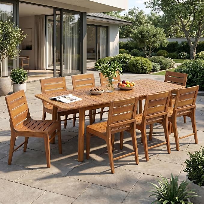 Christopher Knight Home Josie 9 Piece Acacia Wood Outdoor Dining Table Set for 8, Extendable Dining Table and 8 Armless Chairs Set with Slatted Design, Outdoor Patio Furniture Set for Dinner, Teak