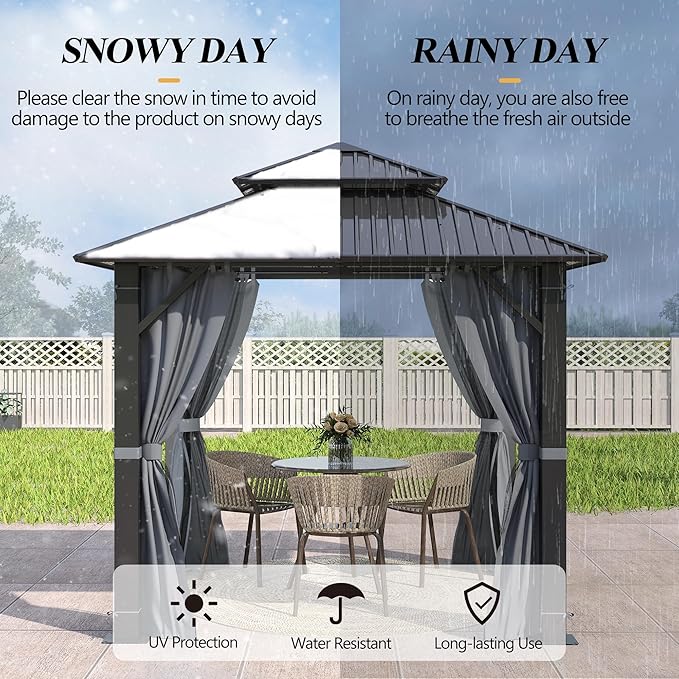 GARTOO 8.5x8.5FT Outdoor Hardtop Gazebo with Double Roof - Aluminum Heavy-Duty Steel Top Gazebo with Solar LED Light, Breathable Netting & Privacy Curtain for Patio, Porch, Garden, Backyard