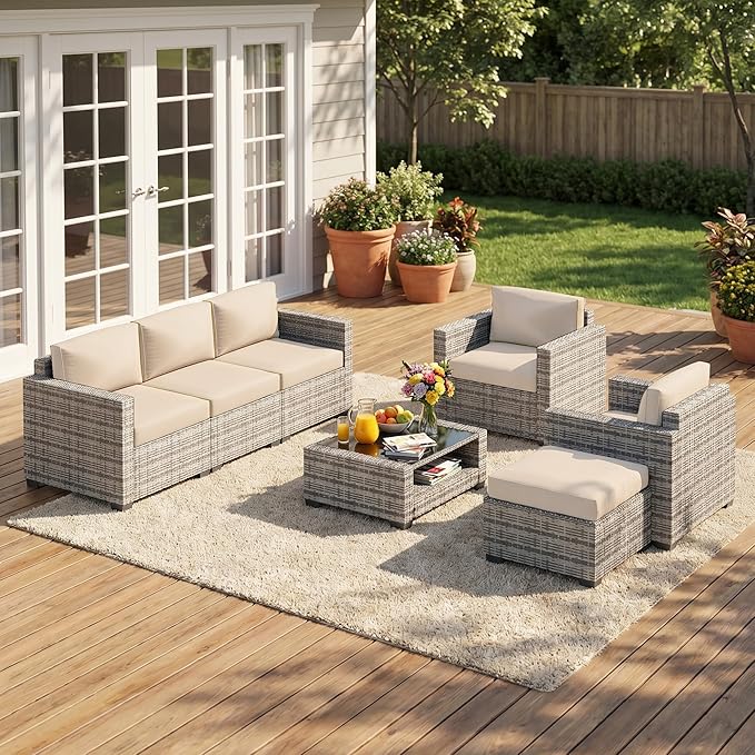 Patio Furniture Set, 7-Piece Outdoor Sectional Couch with Coffee Table & Thick Cushions, Outdoor Wicker Conversation Set for Backyard, Poolside, Garden (Grey White-White, 7 Piece-Double)