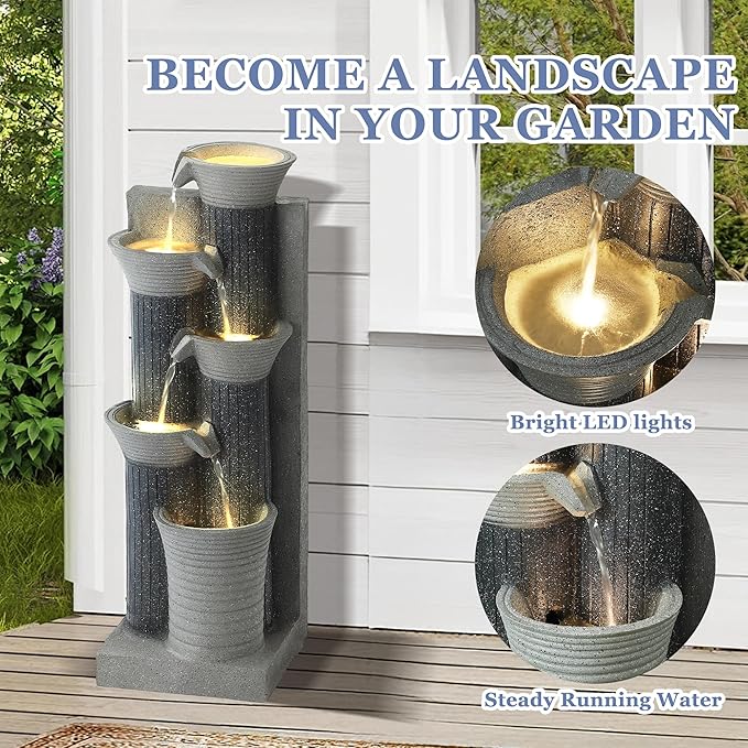 Grepatio Outdoor 5-Tiers Cascading Water Fountain, Garden Waterfalls Fountain with LED Lights, 24" H Modern Indoor Floor Standing Water Fountains with Pump for Patio, Yard, Deck Decor (Greyish Black)
