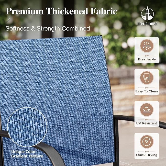 HERA'S HOUSE 7pc Patio Dining Set, 60" Metal Table, Textilene Chairs | Rectangular table with umbrella hole+ 6 blue chairs. Waterproof, rust-resistant, all-weather for backyard, porch
