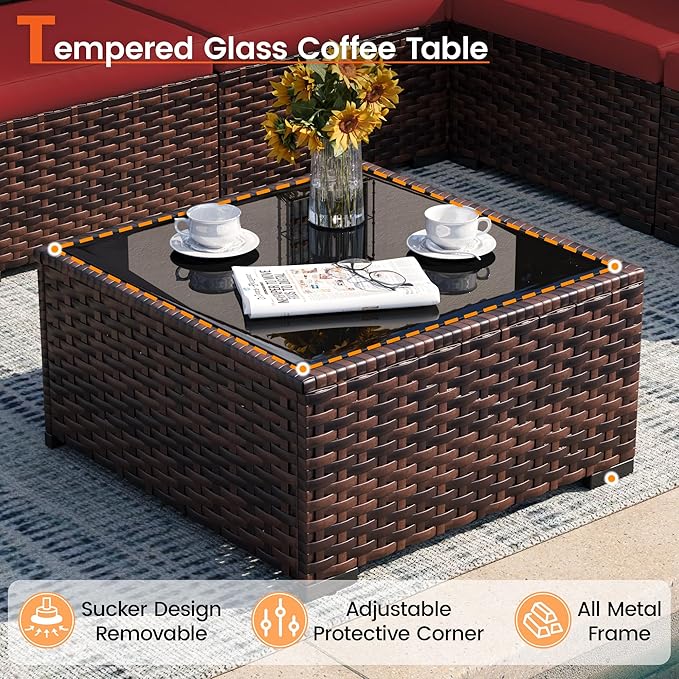 Patio Furniture Set, 7-Piece Outdoor Sectional Rattan Sofa Set with Coffee Table (Burgundy Cushions with Brown Rattan)