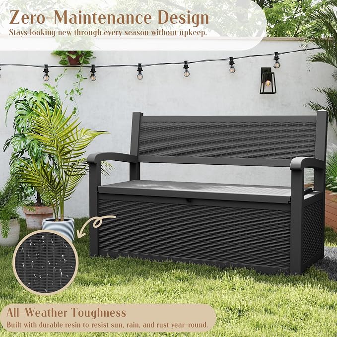EasyUp 80 Gallon Outdoor Storage Bench Lockable Deck Box Outdoor Storage Box Waterproof for Patio,Garden,and Porch – Perfect for Storing Garden Tools and Cushions(Black Pattern)