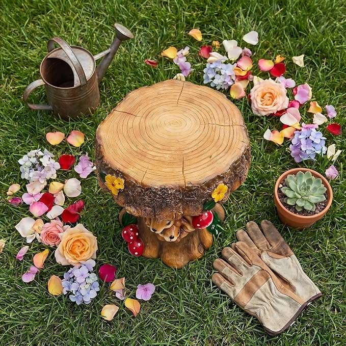 12.6" Resin Rabbit Tree Stump Stool – Whimsical Indoor Outdoor Garden Chair, Decorative Accent Seat for Patio Backyard Terrace, Unique Forest Animal Figurine Decor for Kids Room & Garden