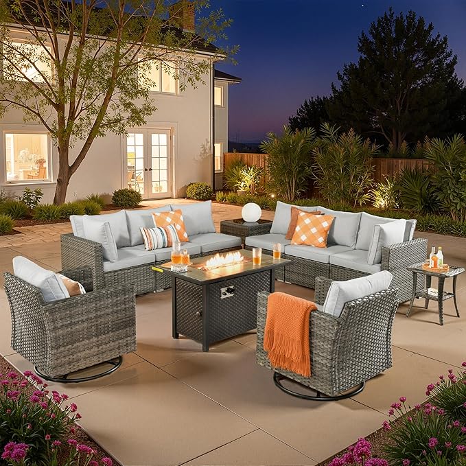 11 PCS Outdoor Patio Furniture Sets with 42'' Fire Pit Table,Wicker Weather Resistant Patio Conversation Set with 2 Wicker Rocking Chair,Modular L Shaped Sofa with Coffee Table for Yard,Light Grey