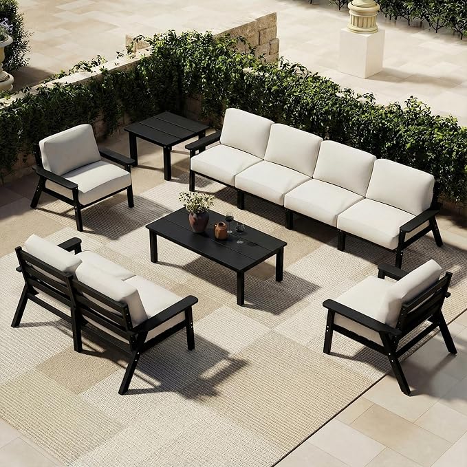Patio Furniture Set 8 Seats, 4-Seater and 2-Seater Outdoor Sofas with Beige Washable Thick Cushions, Patio Conversation Sets for Lawn, Garden, Porch, Balcony, Deck (Black Frame)