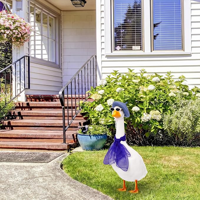 Yaomiao 3 Pcs 50s French Porch Goose Outfit Set for 23'' 17'' Cement Lawn Goose Costume Beret Hat for Carnival Statue Decor(Blue)
