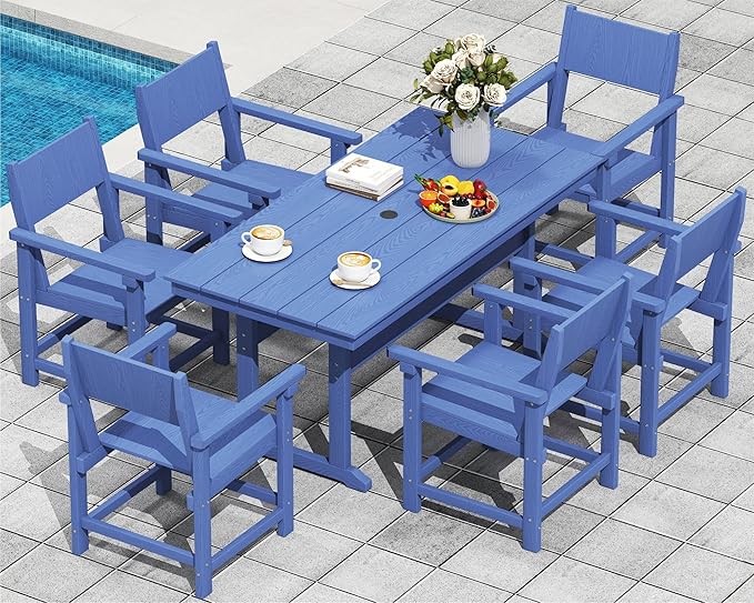 7-Piece HDPE Outdoor Patio Dining Set,Outdoor Table and Chairs,Modern Plastic Dining Sets with Umbrella Hole Cut-Out Table and 6 Chairs Navy