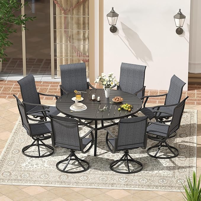 VICLLAX Patio 9 Pieces Outdoor Dining Set, 60" Round Metal Table with Umbrella Hole and 8 Swivel Textilene Chairs for Lawn, Garden, Porch, Black/Dark Grey