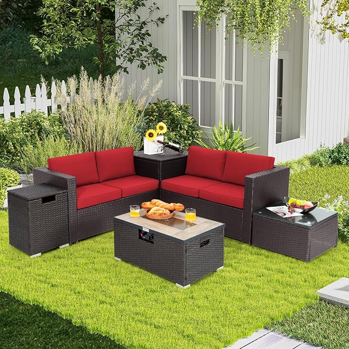 Tangkula 6 Pieces Patio Wicker Furniture Set with 32 Inches Propane Fire Pit Table and Tank Holder, Outdoor Conversation Set with Storage Box and Coffee Table, 2 Waterproof Covers Included (Red)