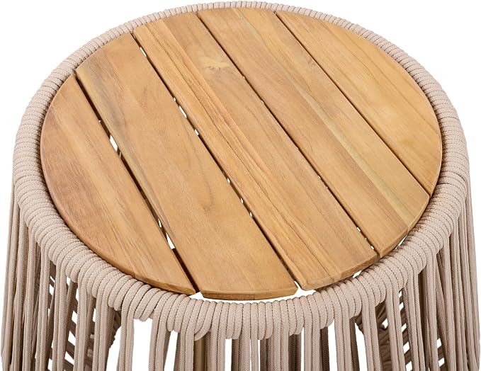 Polibi Outdoor Side Table with Handwoven Rope Base, Weather-Resistant Outdoor/Indoor Accent Table for Patio, Garden, Coastal & Bohemian Decor (Beige + Light Teak)