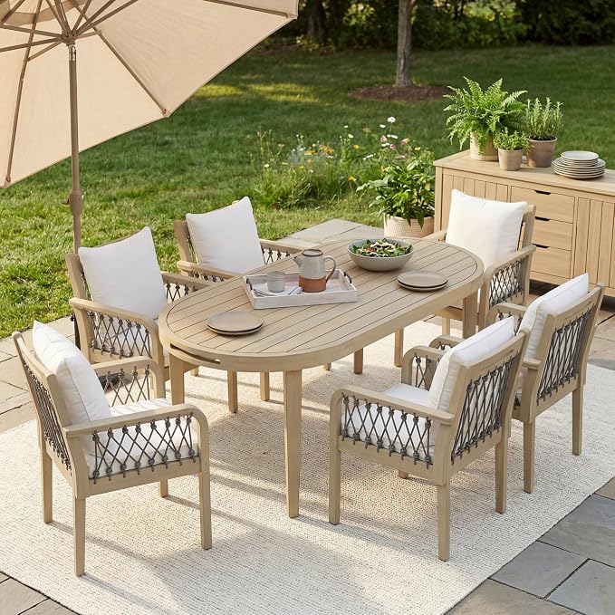 Christopher Knight Home Domac Acacia Wood Dining Table Set for 6, Solid Wood Outdoor Dining Set for 6, Oval Patio Dining Table and Chair Set with Cushion & Rope Accent, Cream Beige+Grey+Light Teak