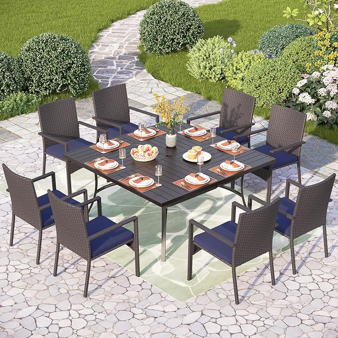 PHI VILLA 9 Pieces Square Outdoor Dining Set for 8, Large Metal Dining Table & Rattan Wicker Chairs with Cushions, Dining Furniture Set for Patio, Deck, Yard, Porch