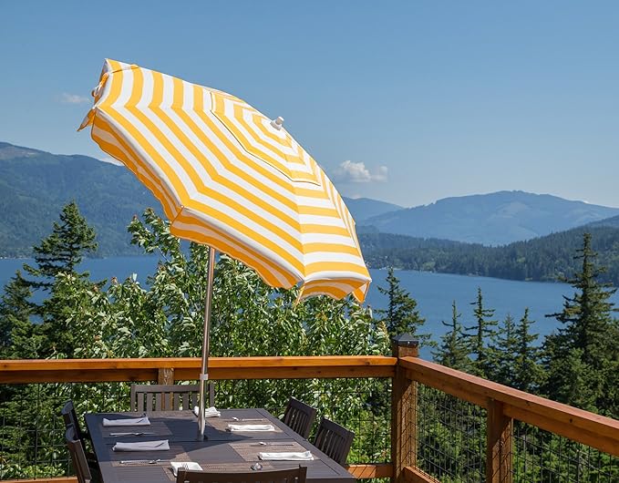Heininger 1326 DestinationGear Italian Yellow and White 6' Acrylic Striped Patio Pole Umbrella