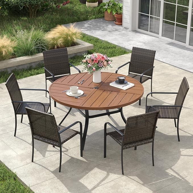 VICLLAX 7 Pieces Outdoor Dining Set, 6 Stakable Wicker Patio Chairs and 47" Patio Round Metal Table with Umbrella Hole for Backyard Lawn Garden, Walnut Tabletop