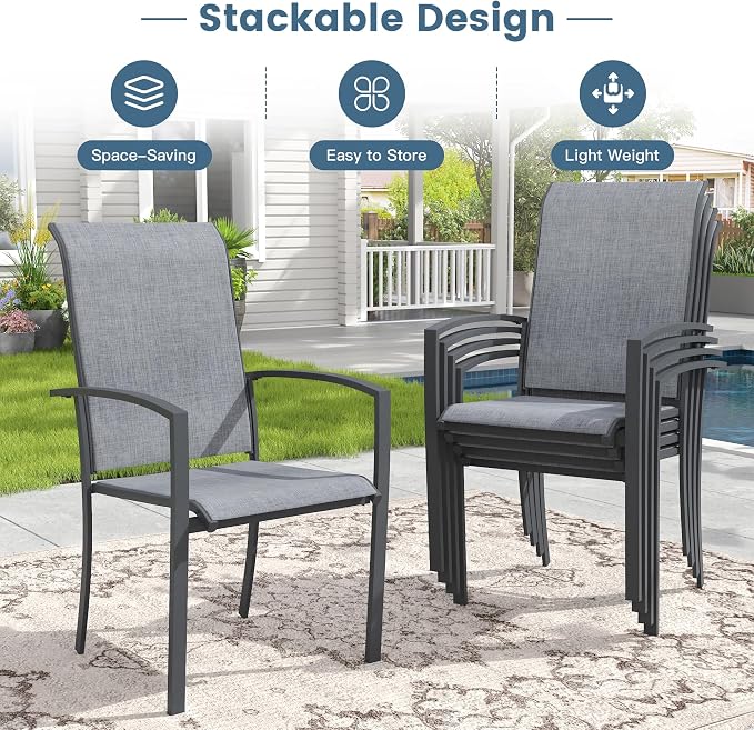 DIFY 5 Pieces Outdoor Dining Set for 4, 40.6" Round Dining Table with Umbrella Hole and Textilene Stackable Patio Chairs, Metal Patio Table and Chairs Set for Garden Backyard Poolside, Grey Wood-Like