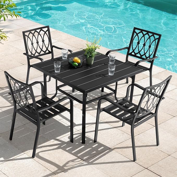 NUU GARDEN 5 Piece Outdoor Dining Set, 4 Stackable Chairs and 37 Inch Square Slatted Table with 1.6'' Umbrella Hole for All Weather Patio Furniture Set for Garden, Backyard, Poolside and Lawn, Black