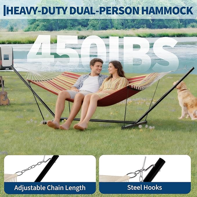 2 Person Double Hammock with Stand & Pillow, 450 LBS Heavy Duty Outdoor Hammock with Balance Rope for Patio Backyard Poolside