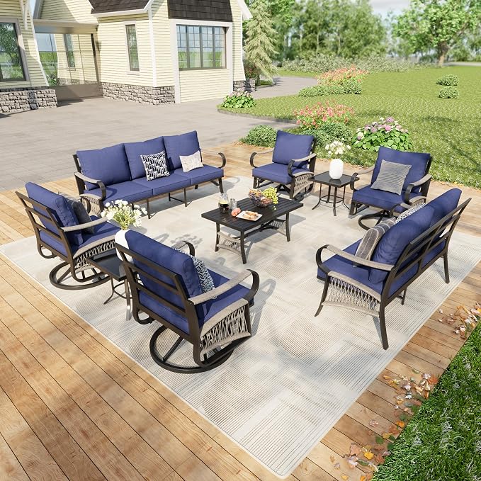 9 Pieces Patio Furniture Set, Metal Outdoor Conversation Sets with Swivel Chairs, Modern Couch Sofa Seating Group with Coffee Table and Side Table (Thick Blue Cushions)